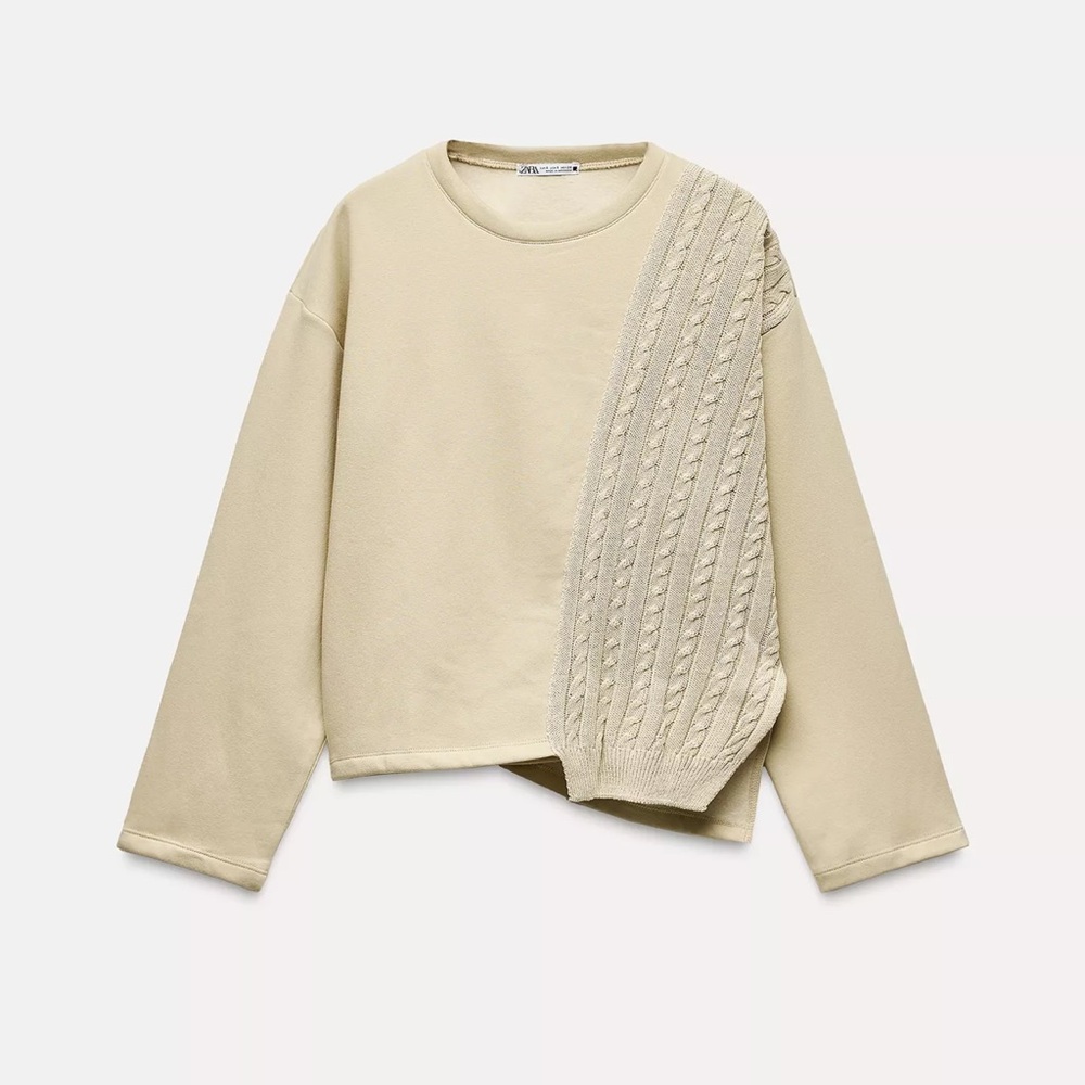 Zara beige cream sweatshirt with tricot cable knit mix media sweater small